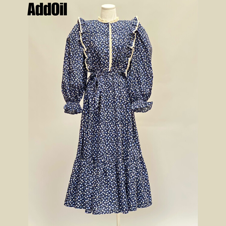 New in autumn! [ADDOIL] Elastic waist retro floral dress (with waist rope) 85005# ZXL