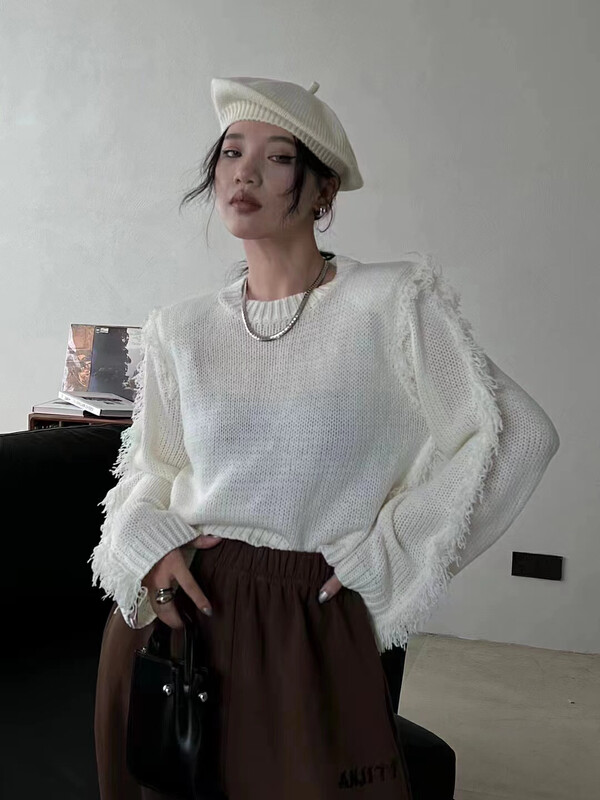 New in autumn! [KS] Fashionable woolen edge design round neck warm sweater 21685# CQW