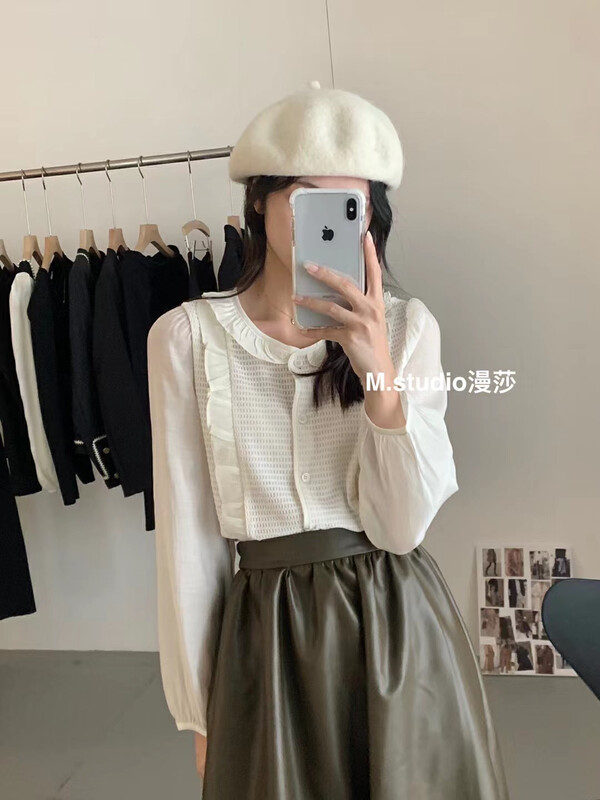 Original price 55.27! New for autumn! [MSTUDIO Mansha] stitching ruffled round neck fresh small shirt c1027# HBX