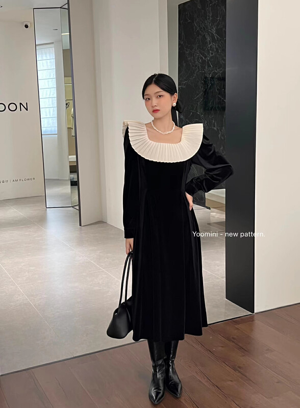 Autumn is new! [YOOMINI] color matching temperament pleated dress Q12835-K# WPL