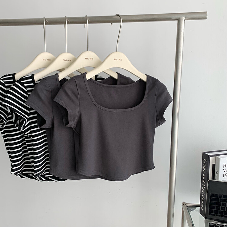 [KAKAJIA] Hot girl U-neck striped thin short-sleeved T-shirt YS1-2126# OZQ
