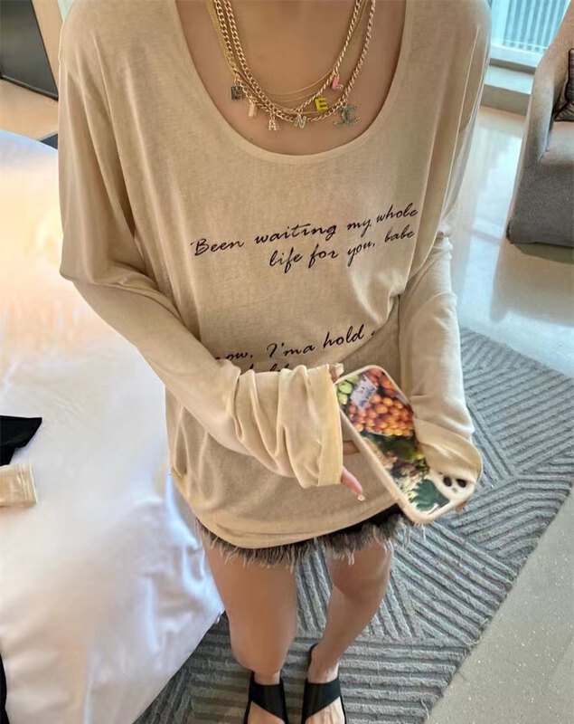 New in autumn! [KAKAJIA] Lazy style letter printing sunscreen long-sleeved T-shirt 2640# OZQ