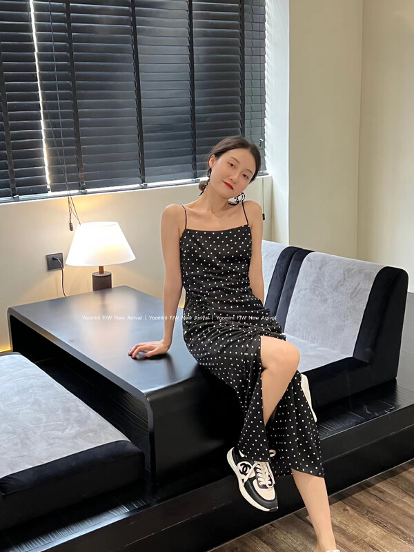【YOOMINI】Slim Polka Dot Sling Drawstring Dress Q16018-V# WPL