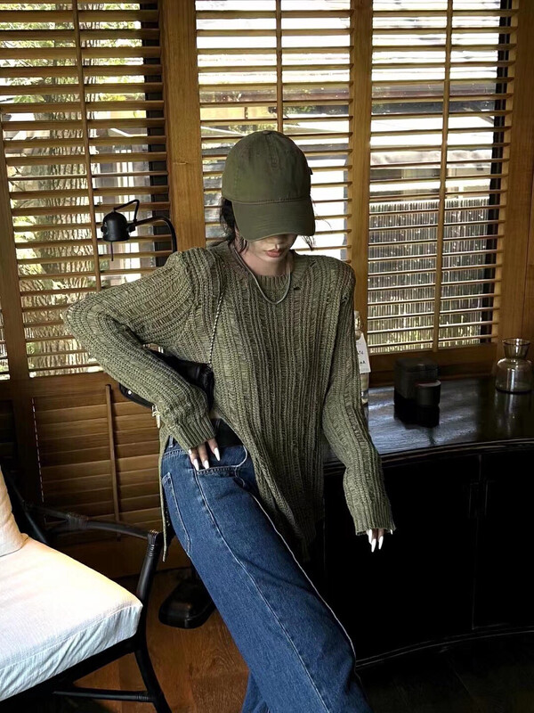 New in autumn!【KS】Korean version all-match casual split irregular hollow knitted sweater 25287# CQW