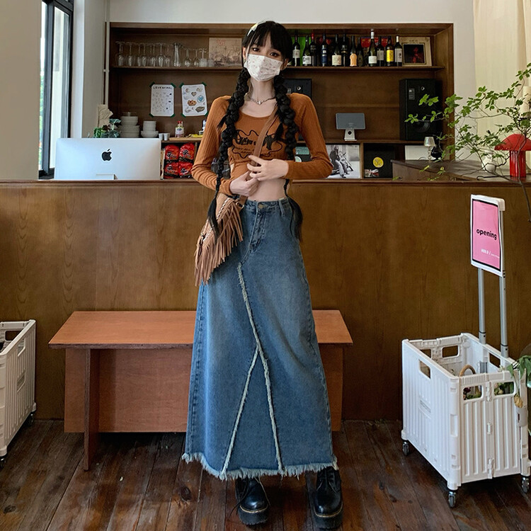 New in autumn! [Timely rain] Korean style ins retro high waist and thin washed wool all-match a-line denim skirt B1007# WPL