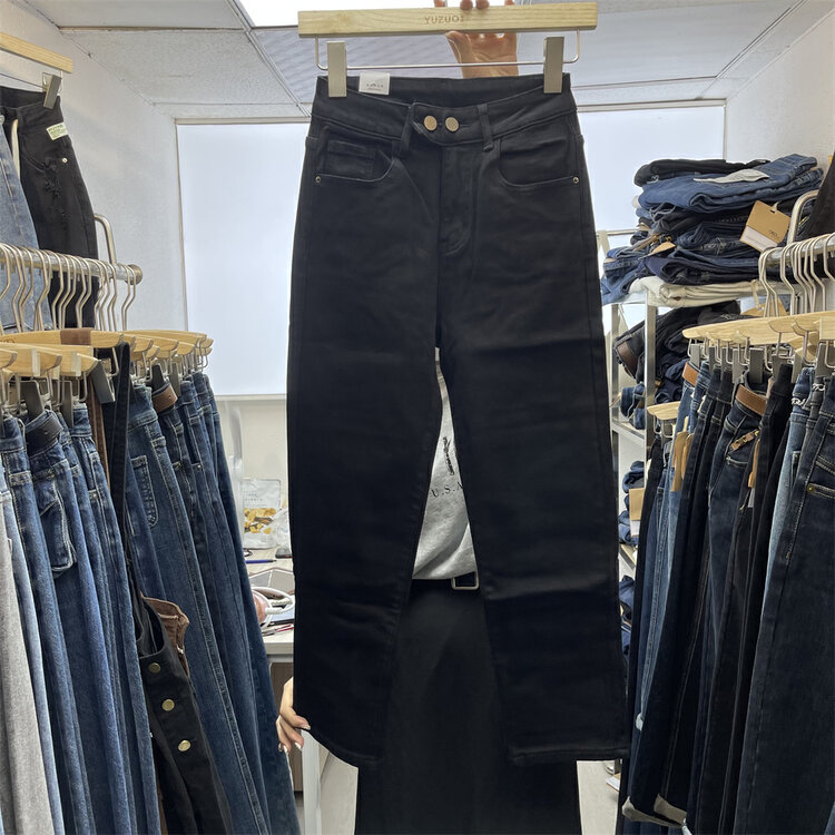 New in autumn! [OKD] Cost-effective elastic double-button design straight-tube thin brushed jeans 90166# GY