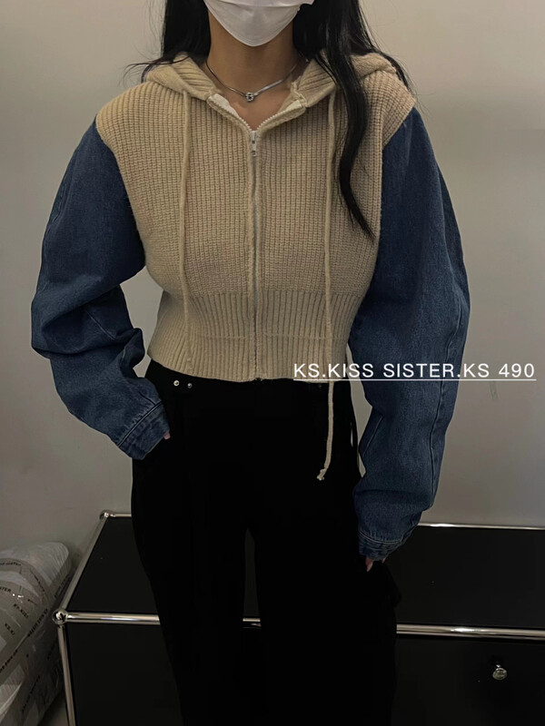 Autumn is new! [KS] Korean version of the niche color stitching denim sweater 22583# CQW
