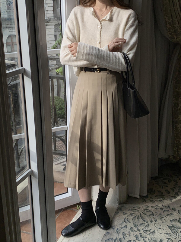 Autumn is new! [T.G] Simple solid color mid-length skirt (with belt) (including 10% wool) 18298# CLS