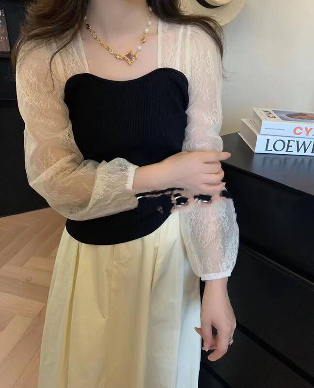 秋款上新!【I-D】韓系拼接網紗泡泡袖修身短款小衫  8323#  L