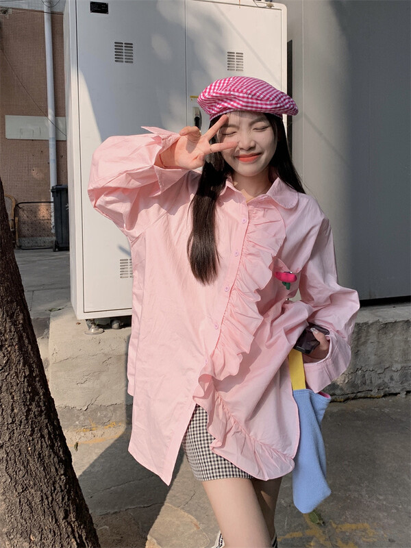 New in autumn! [Timely rain] Korean style ins loose age-reducing three-dimensional small flower fungus loose shirt (with flowers) 17089# WPL