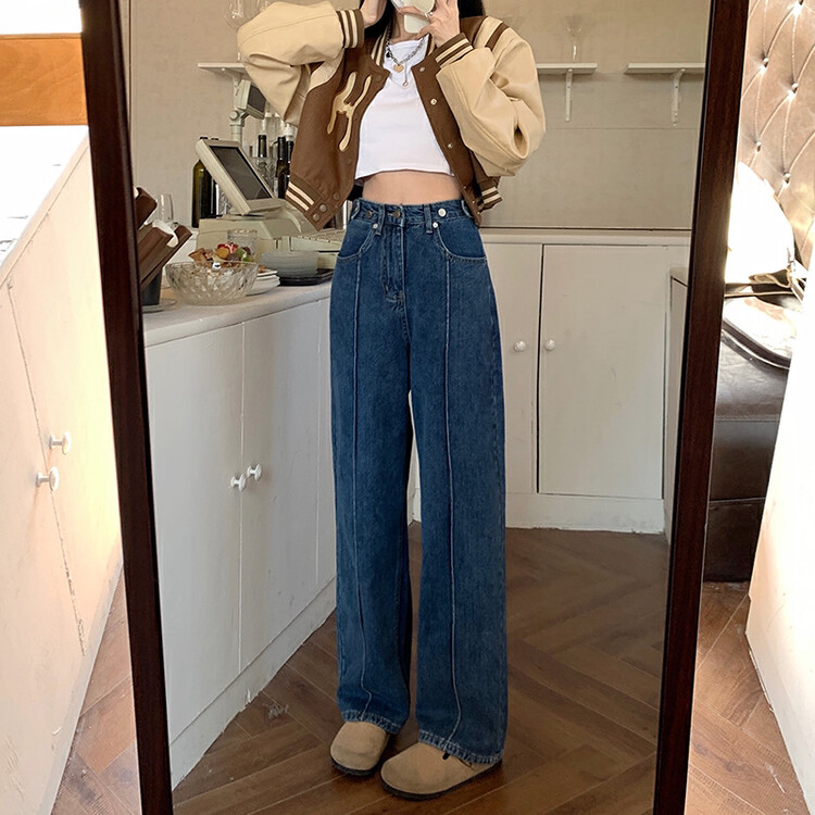 New in autumn! [Timely rain] Korean style ins retro design high waist loose straight jeans K2009# WPL