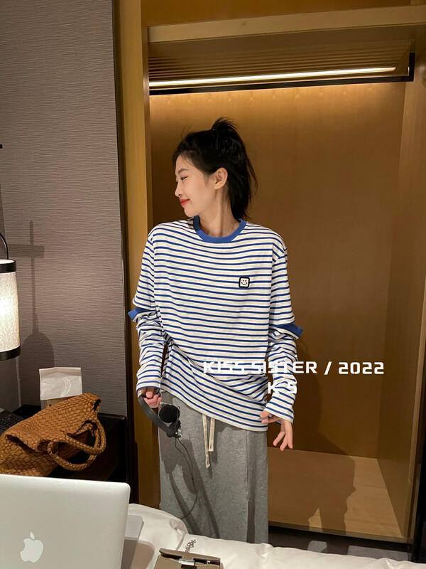 【KISS SISTER】Loose Korean Striped Smiley Long Sleeve T-Shirt 22A9638# CQW