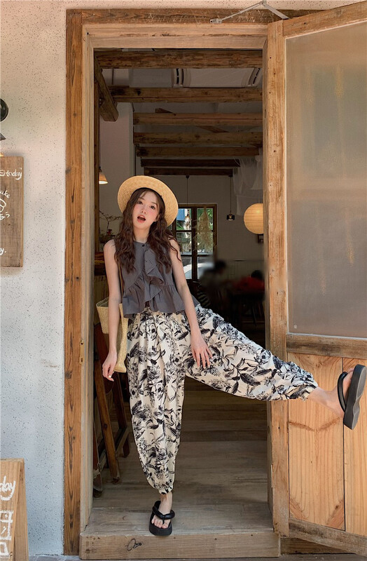 [Timely rain] Korean ins ruffled shirt + ink printed casual pants two-piece suit 44025# WPL