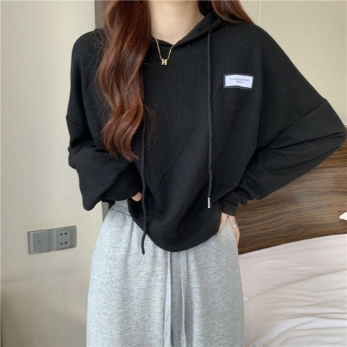 Waffle hooded sweater women's trendy ins spring and autumn forest new short long-sleeved top female student