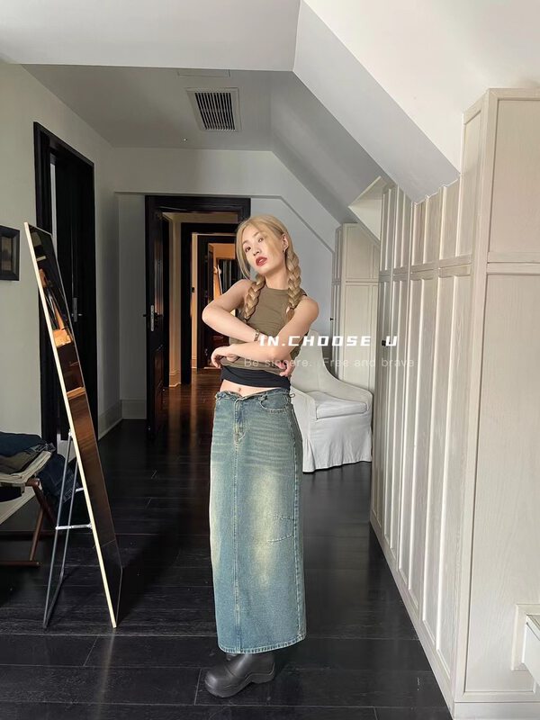 Early autumn new [IN.CHOOSE U] nostalgic retro raw edge long skirt 66316# CQW
