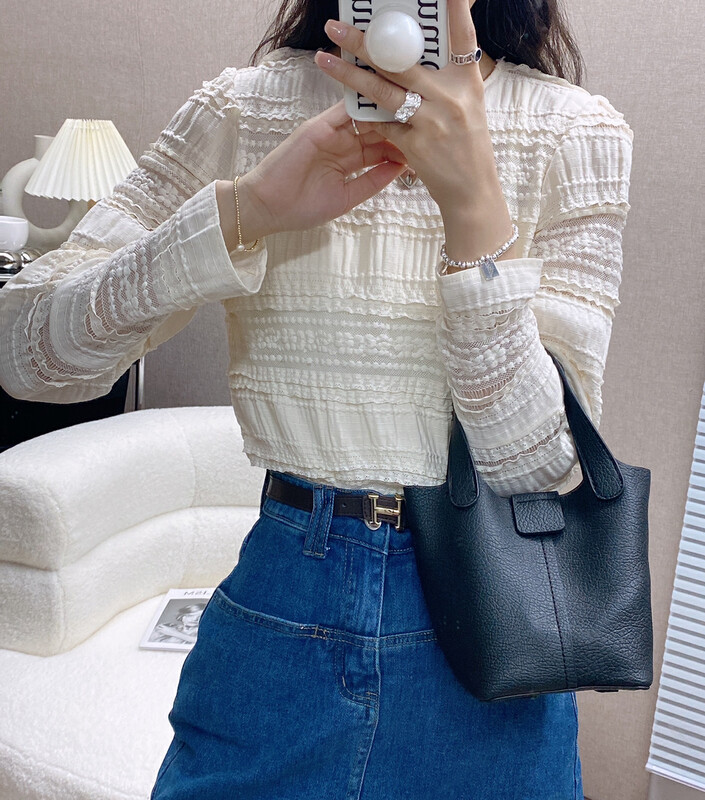 【I-D】Korean Versatile Lace Pattern Shirt 88382# LL