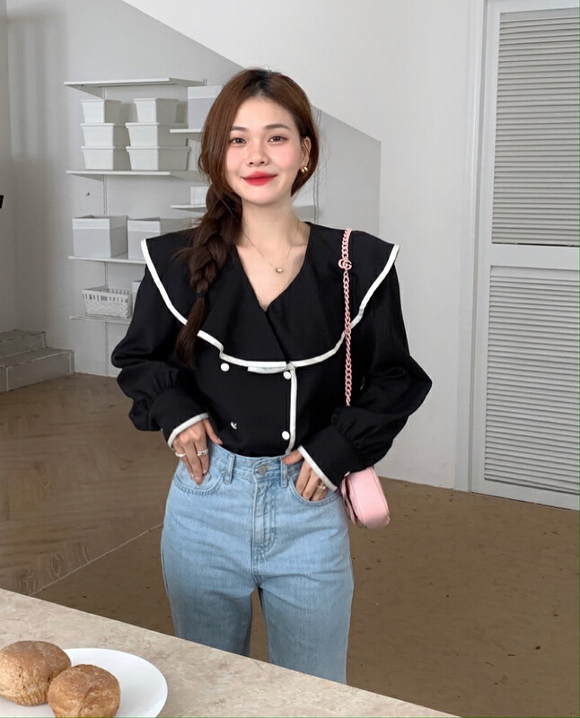 New in autumn! [Timely rain] Korean style ins temperament gentle and chic design lotus leaf collar contrast color double-breasted shirt 57809# WPL