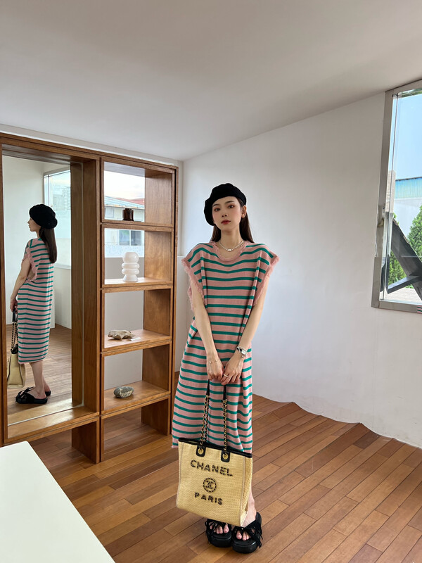【FEIMAO（YIMAO）】Round Neck Striped Mid-Length Dress Z-4351# LSL