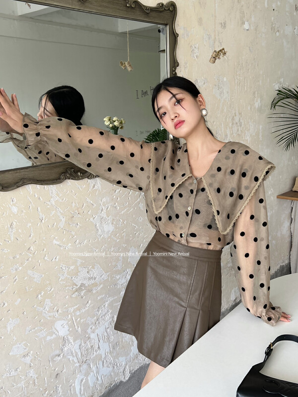 New in autumn! [YOOMINI] large lapel polka dot print shirt Q16143-W# WPL