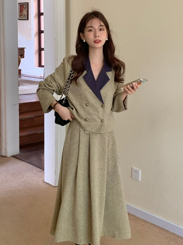 New in early autumn! [Timely rain] Korean ins retro small fragrance color matching suit + high waist and thin A-line skirt suit AF111# WPL