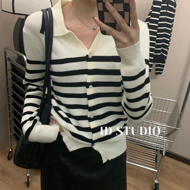 New in autumn! [I-D] Korean striped all-match shirt 3154# L