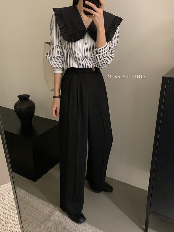 [MISS] Korean striped color-blocking doll collar shirt L6728