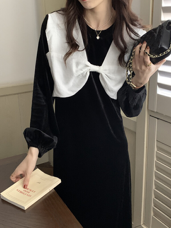 New in autumn! [Timely rain] Korean style ins retro temperament sweet design bow doll collar dress W1749# WPL