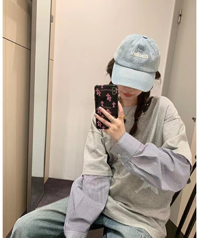 New in autumn! [KAKAJIA] Korean version stitching striped sleeves loose fake two-piece long-sleeved T-shirt 2682# OZQ
