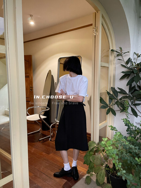 【IN.CHOOSE U】Simple solid color shoulder pad design round neck short sleeve T-shirt 66355# CQW