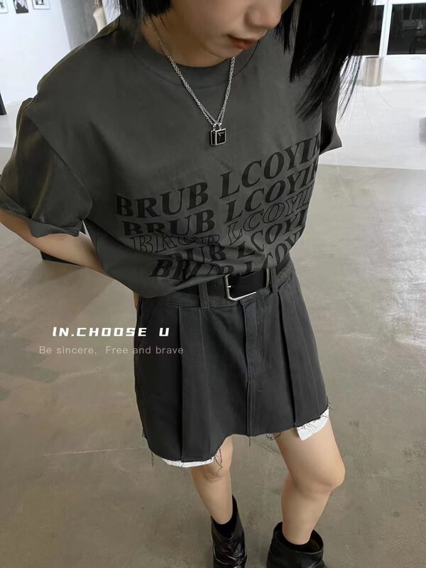 New in early autumn [IN.CHOOSE U] Simple printed letter shoulder pad short-sleeved T-shirt 66318# CQW