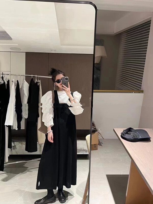 New in autumn! [MI] solid color puff sleeve top + casual vest skirt two-piece suit 1329# PCZ