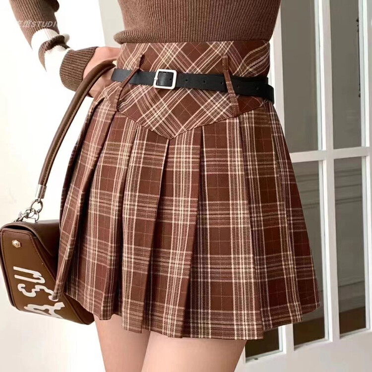 New in autumn! [Queen QUEEN] College style retro plaid high waist pleated skirt (with belt) A89139# OZQ