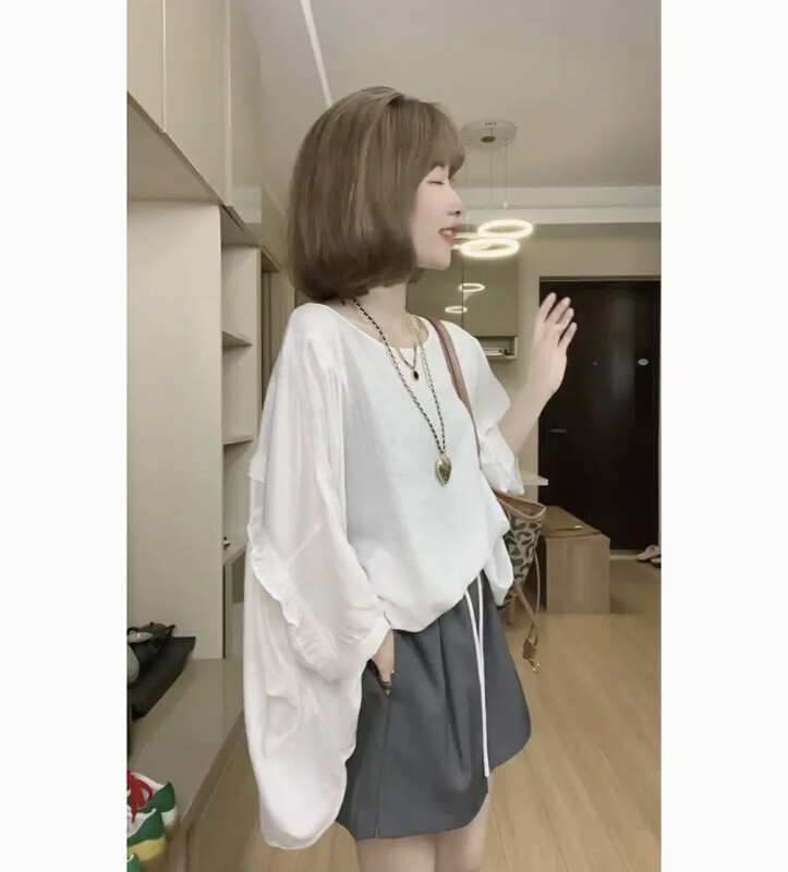 【I-D】Korean Style Solid Color Lace Loose Shirt 6082# L