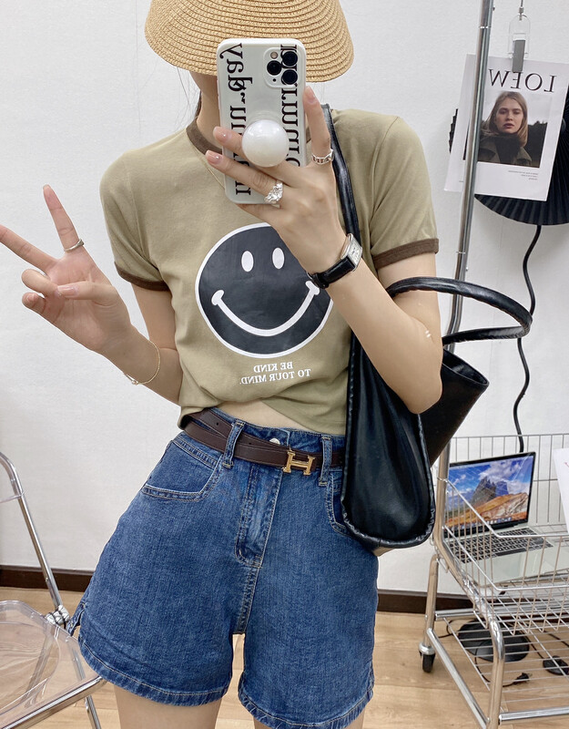 初秋上新!【I-D】韓版百搭笑臉圖案印花短袖T恤  YS8299#  L