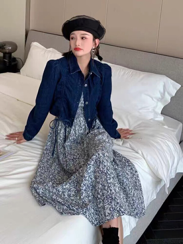 New Autumn! [Timely Rain] Denim Drawstring Short Coat + Sling Waist Floral Dress Suit 04598# WPL