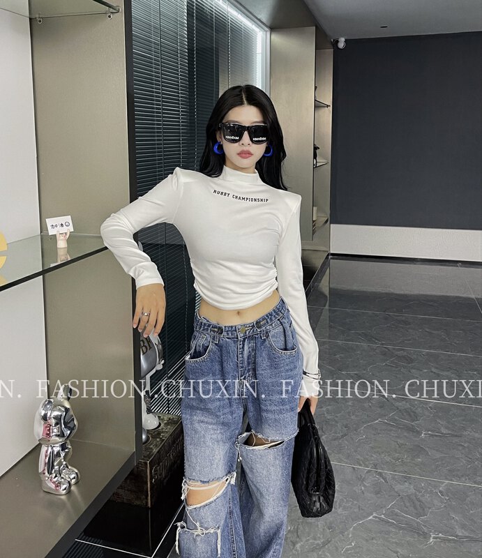 New in autumn!  [C.X Beginning] Casual Simple Letter Printing Stand Collar Long Sleeve T-Shirt 6609-# WTT