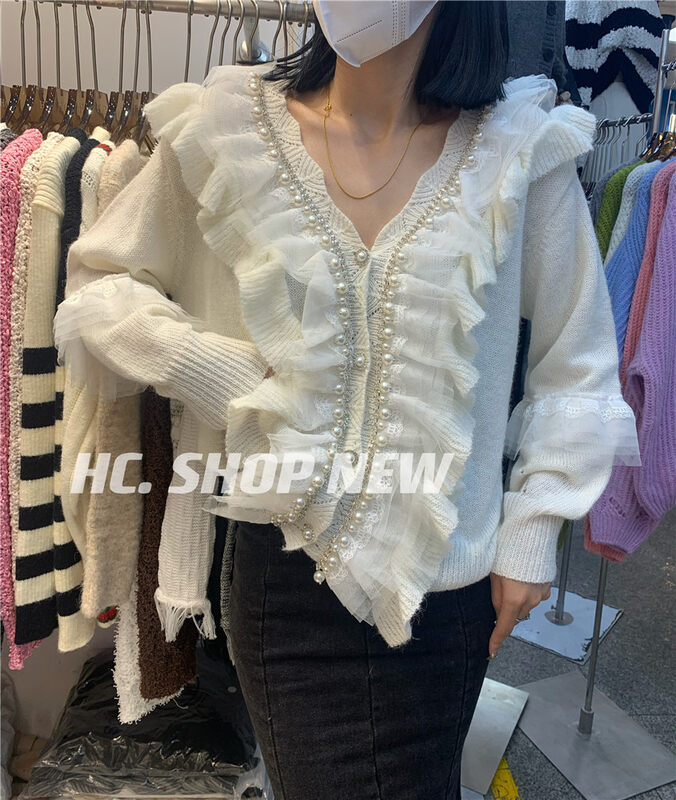 Autumn is new! [Korean C home] Little woman V-neck ruffled warm sweater 22027# PCZ
