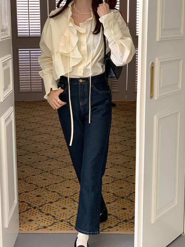 Autumn is new! [Timely rain] Korean ins retro design high waist and thin straight jeans 17119# WPL