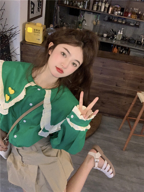 New in autumn! [Timely rain] Korean ins sweet design sense heavy industry double-layer fungus edge doll collar three-dimensional love shirt (love can not be removed) 00225# WPL