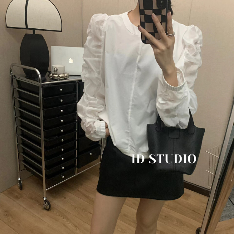 Autumn is new! [I-D] Korean version of the all-match sleeve pleated hem drawstring shirt YS8388# L