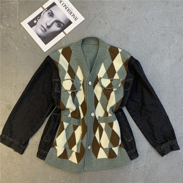 New in autumn! [Yairou] Lingge color matching loose knitted cardigan 2732# GYJ