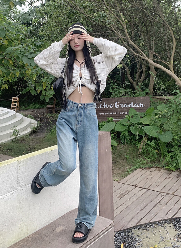 New in autumn! [Timely rain] Korean style ins retro high waist slimming design washed white loose loose straight dad jeans 89149# WPL