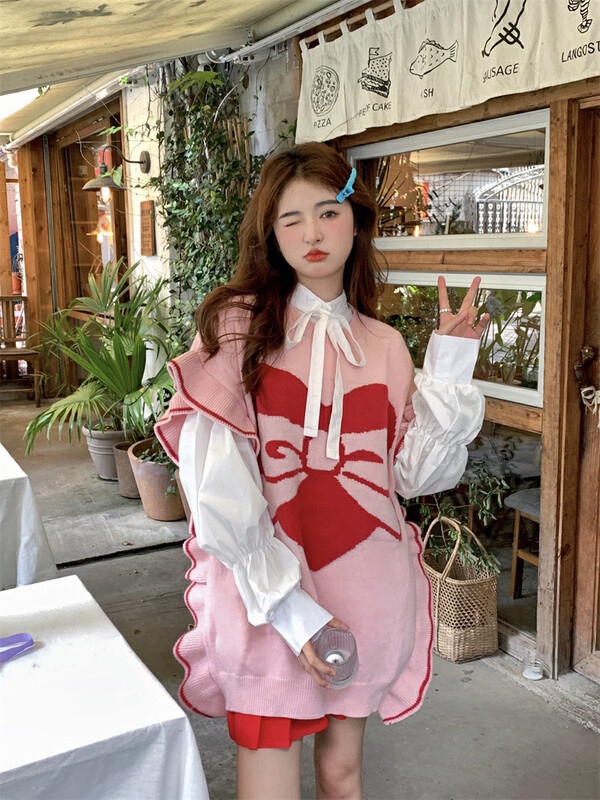 New in autumn!  [Timely Rain] Sweet and age-reducing love jacquard bow design knitted vest 07022# WPL