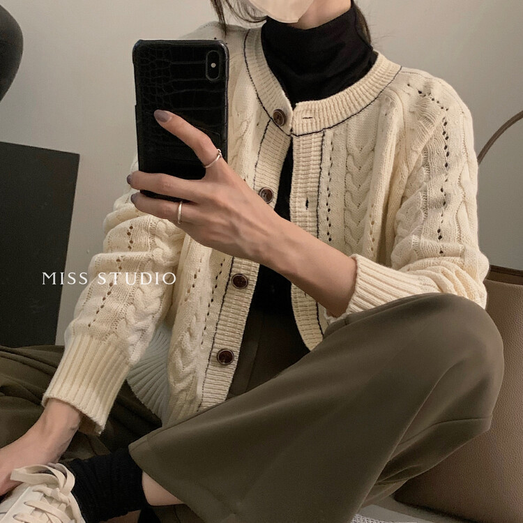 【MISS】Korean style contrast color line twist all-match sweater knitted cardigan 6A007