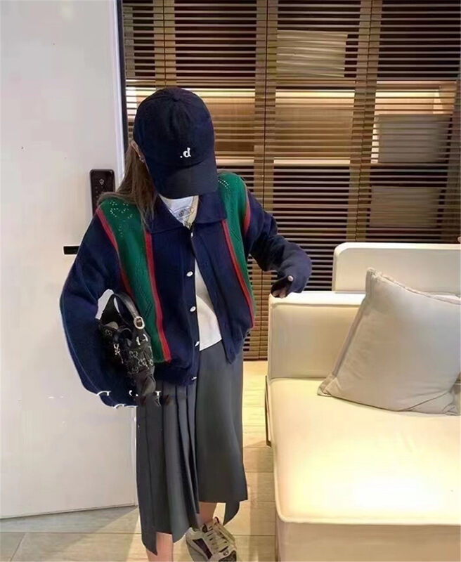 New in autumn! [Korean C home] Korean color-block lapel knitted cardigan 0367# PCZ