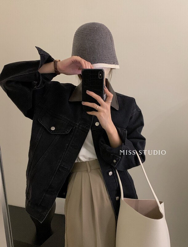 【MISS】Korean style stitching leather collar casual denim jacket 99082