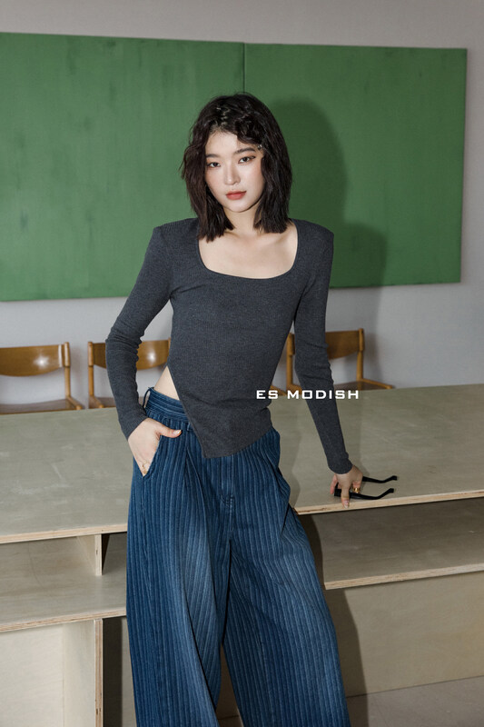 New in autumn!【ES MODISH】Simple solid color square neck all-match knitted sweater BL1847# CQW