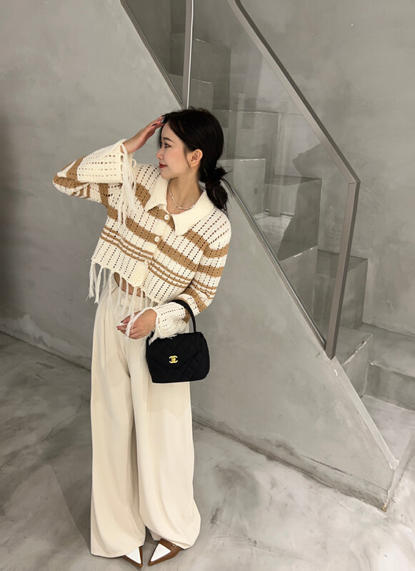 【FEI MAO】Lazy style hollow fringed striped knitted cardigan sweater Z-3028