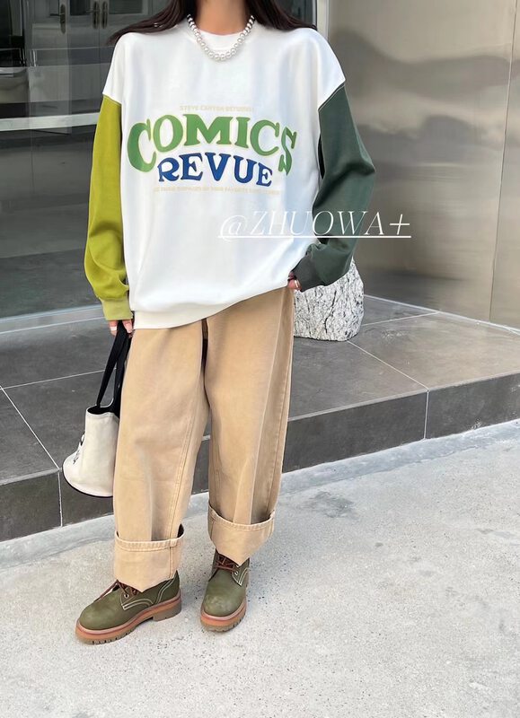 New in autumn! [Strictly selected by buyers - Zhuowa] Personalized letter color matching sleeve loose sweater 5018# CL