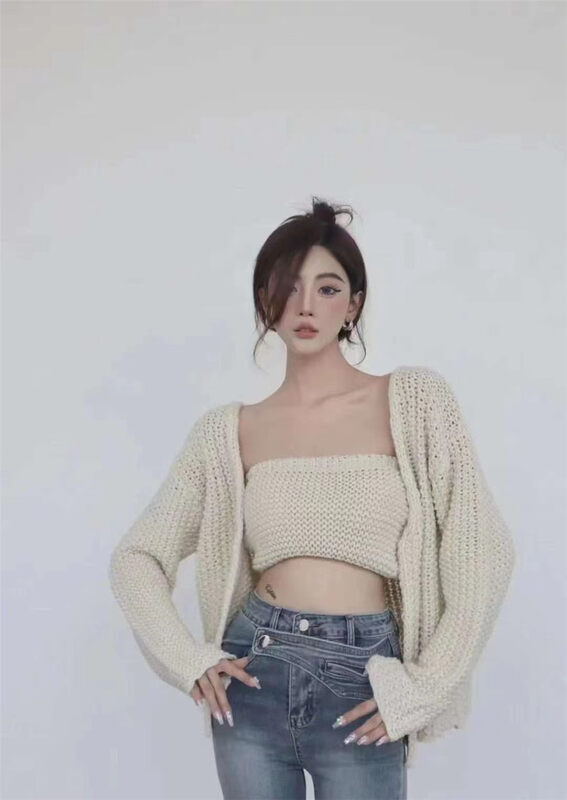 Autumn models are new! [Korean C home] Simple loose knitted cardigan + versatile tube top two-piece suit 0217# PCZ